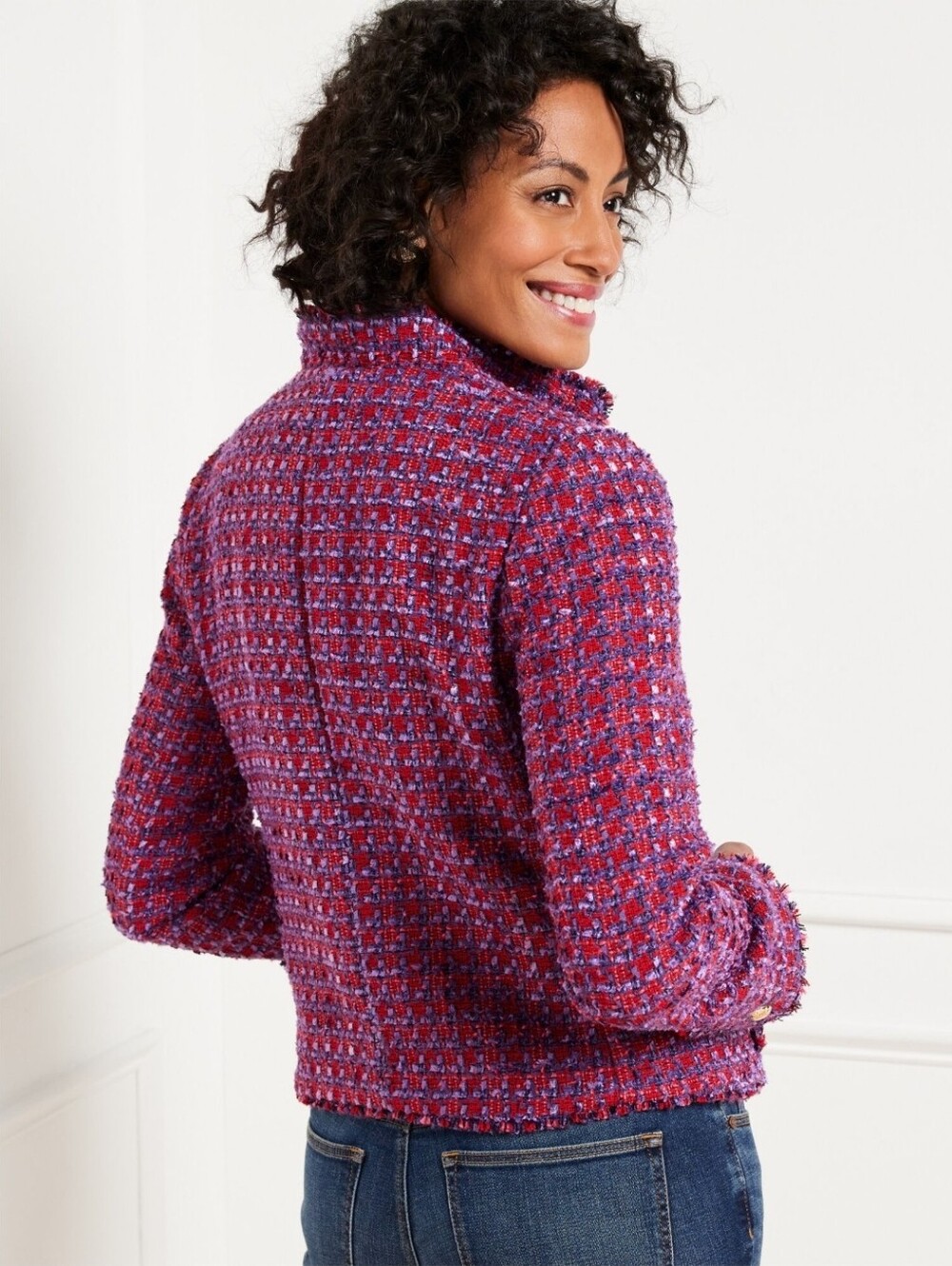 Talbots Tweed Fringe Trim Blazer Jacket Size 14 Purple Red Crest Button NWT - Picture 8 of 8